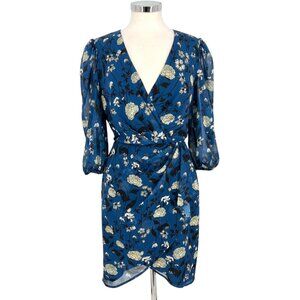 Halogen Floral Wrap Draped Dress Blue Black White Size Medium